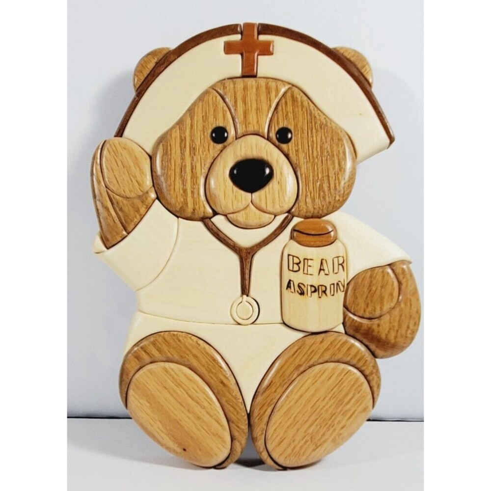 Vintage Handmade Intarsia Wooden 3D Nurse Teddy Bear, Bear Aspirin